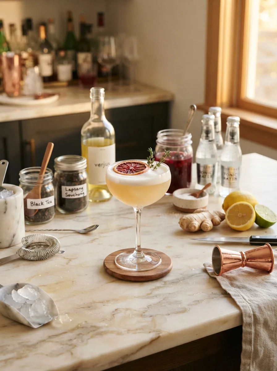 A mocktail workbench with jars of tea, verjus, shrub, tonic, and spices beside a finished smoky zero-proof sour in a coupe.