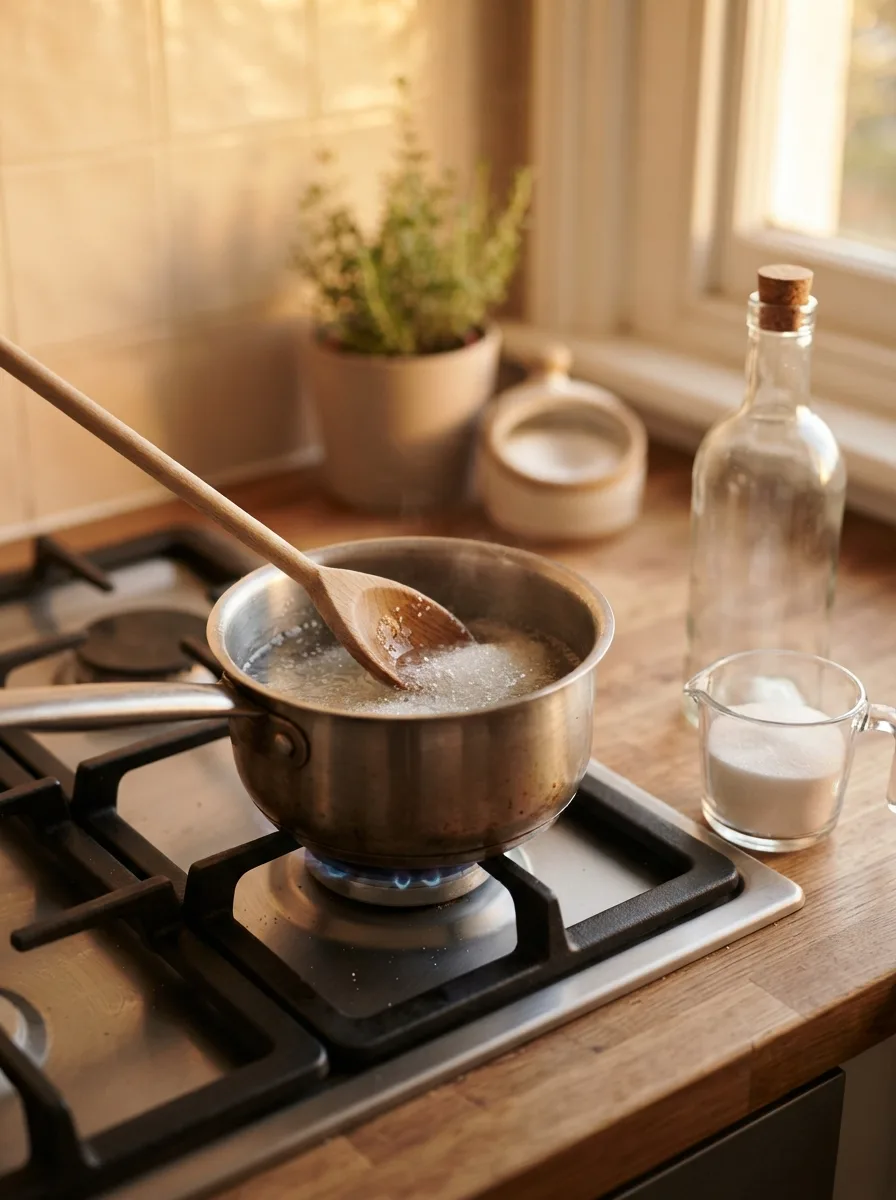 Sugar and water being stirred together in a saucepan to make simple syrup.