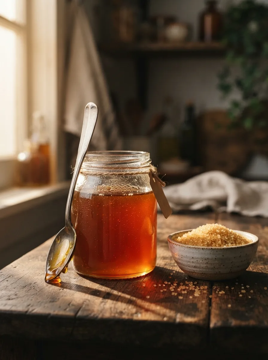 Rich demerara syrup in a jar with demerara sugar crystals beside it.
