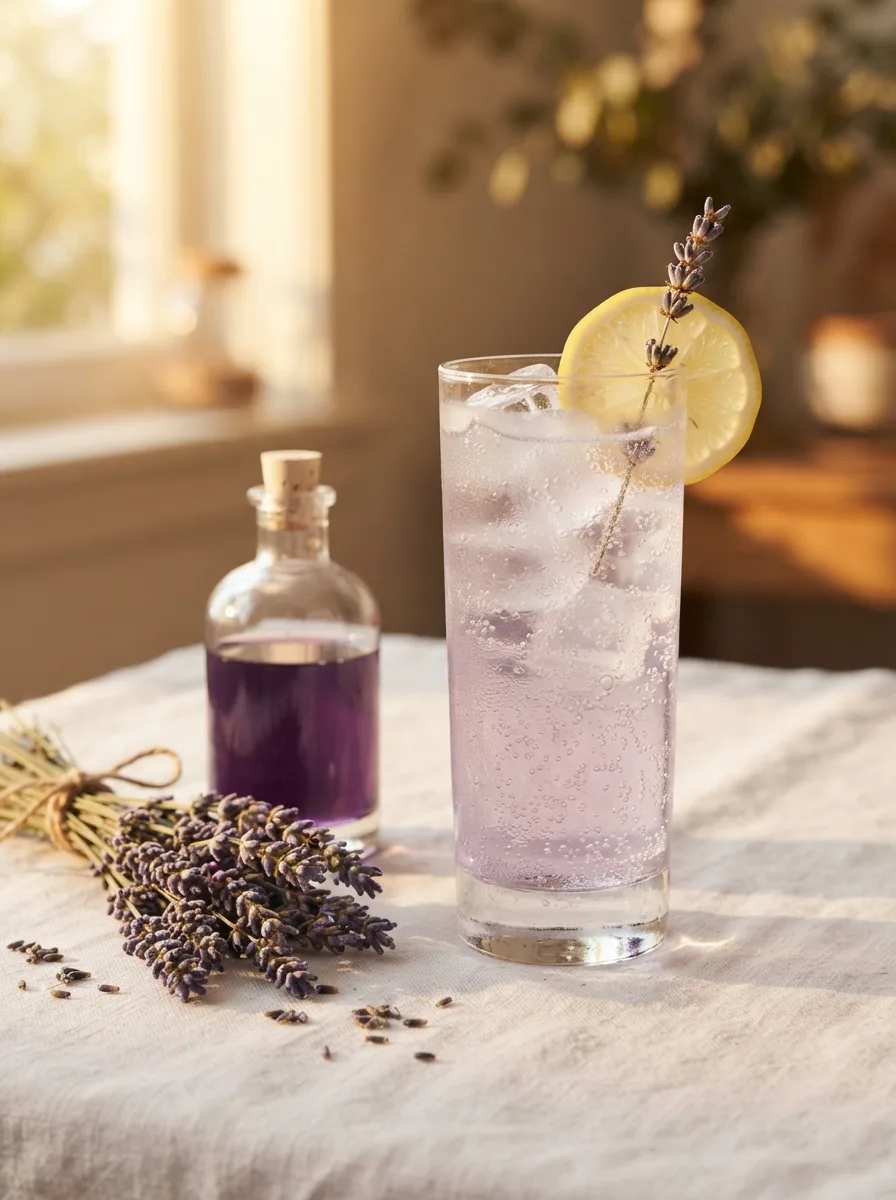 A lavender gin fizz in a collins glass with a lavender sprig.