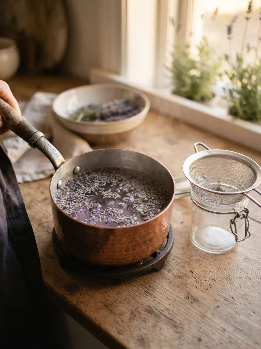 Dried lavender buds steeping in a small pan of syrup.
