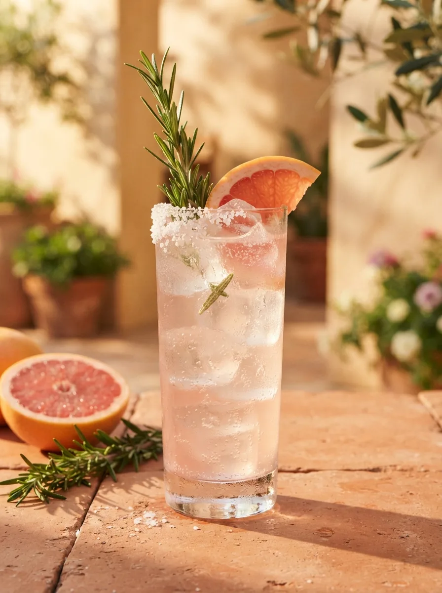 A rosemary paloma in a highball with a rosemary sprig and grapefruit wedge.