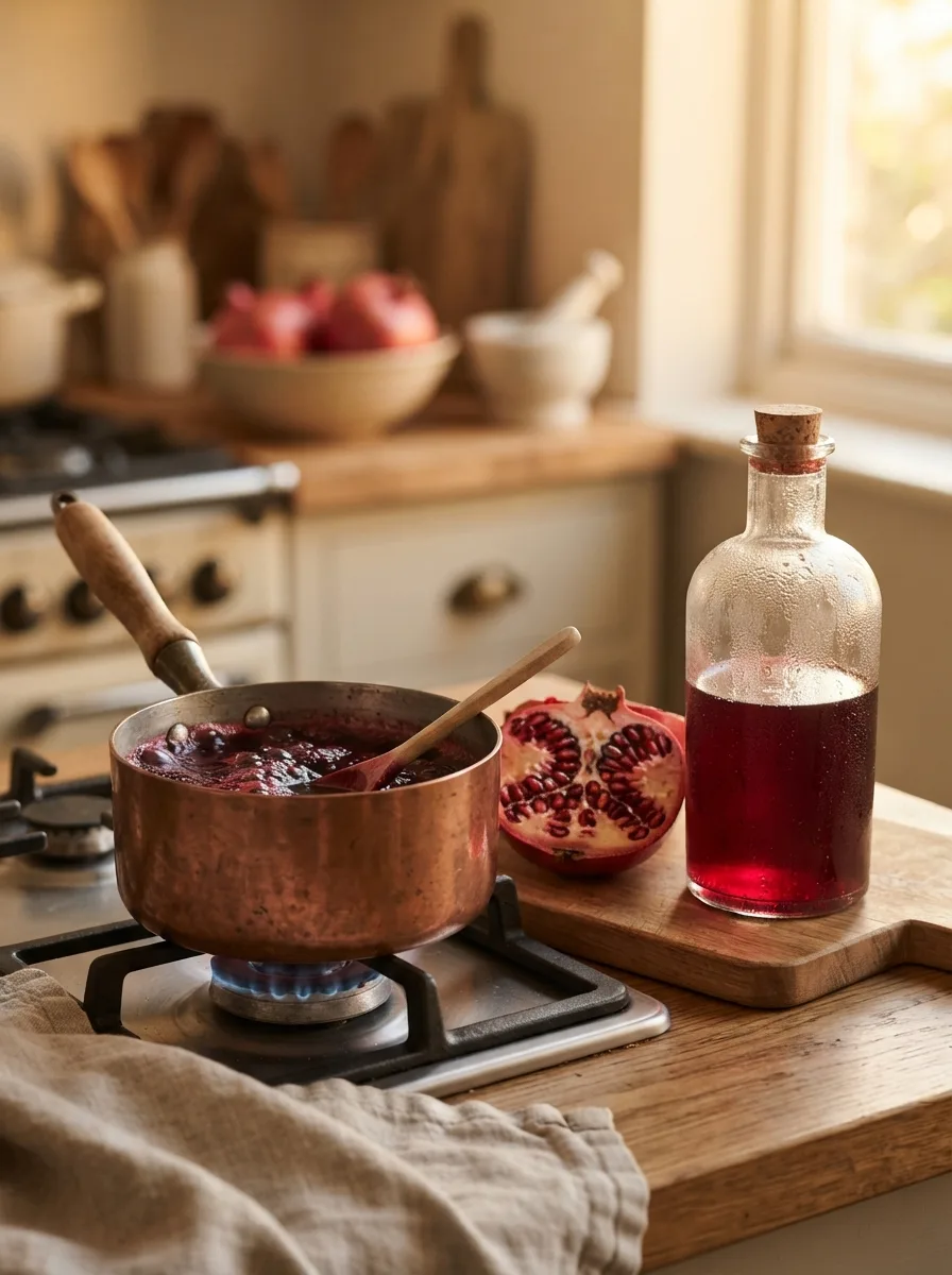 Pomegranate juice reducing with sugar in a saucepan to make grenadine.