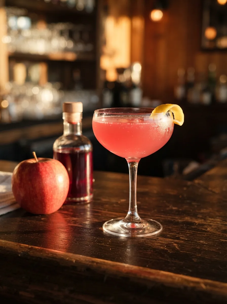 A rosy Jack Rose cocktail in a coupe with a lemon twist.