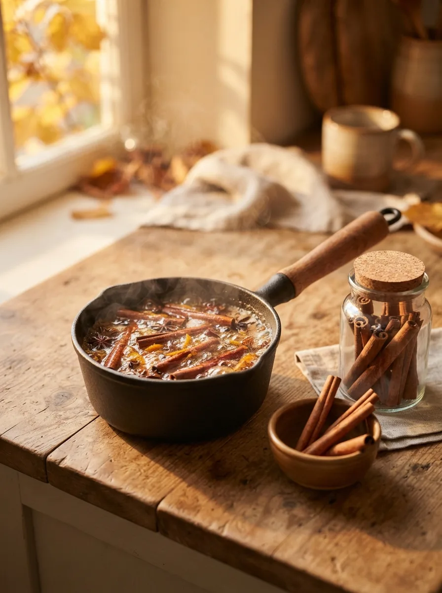 Cinnamon sticks simmering in syrup in a small pan.