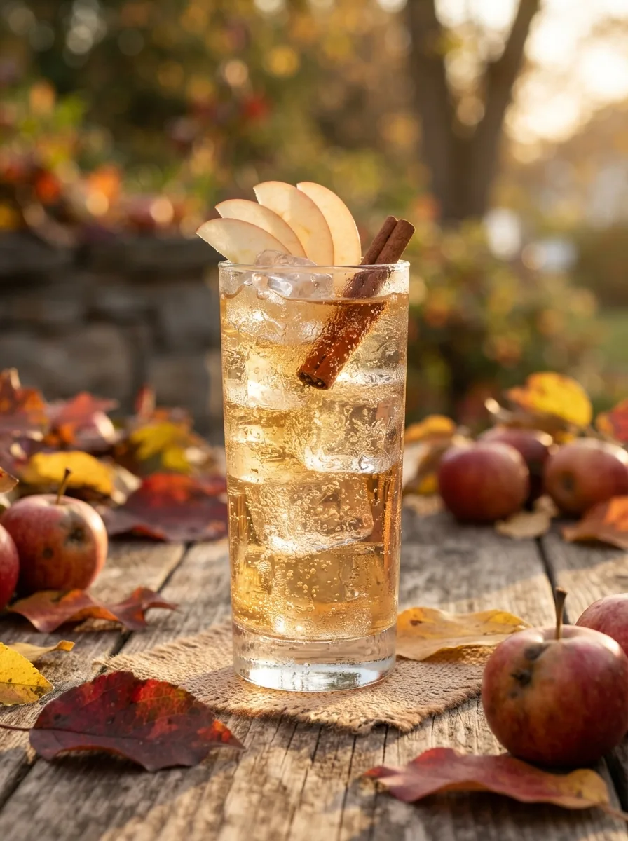 A cinnamon apple highball in a tall glass with an apple fan and cinnamon stick.