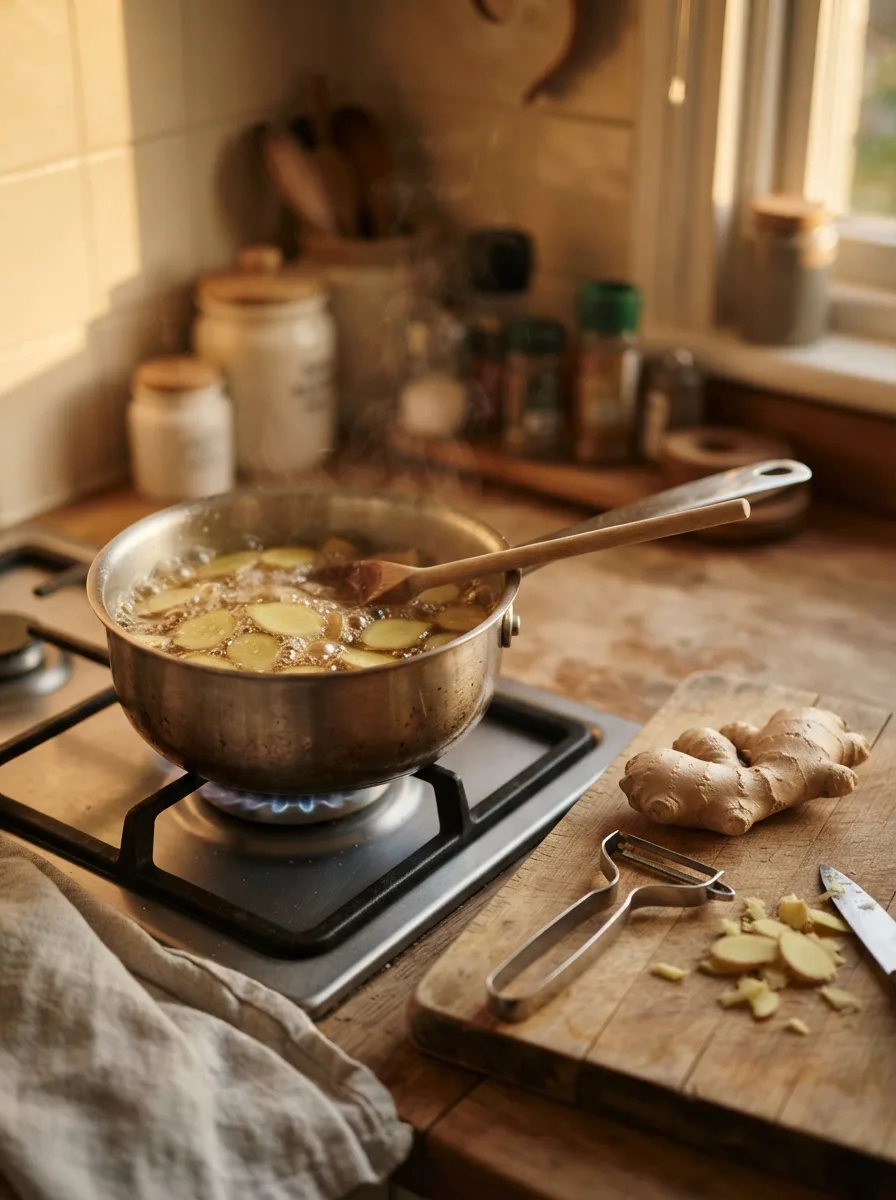 Sliced fresh ginger in a pan of syrup.