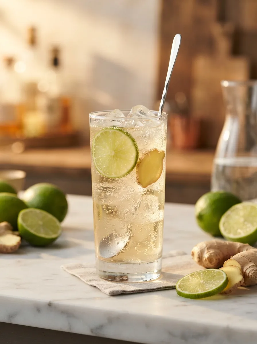 A ginger gin rickey in a highball with a lime wheel and bubbles.