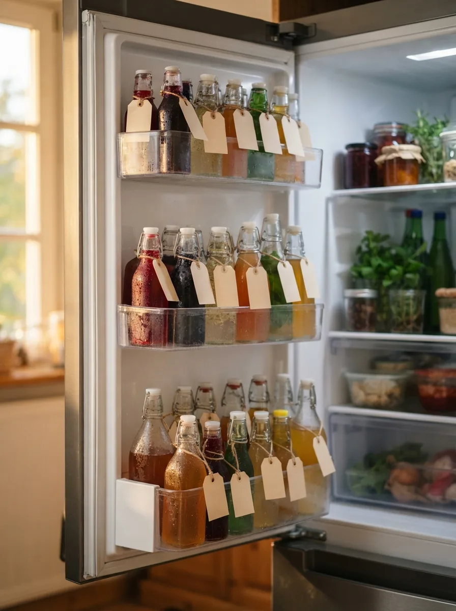 Labeled syrup bottles in a refrigerator door.