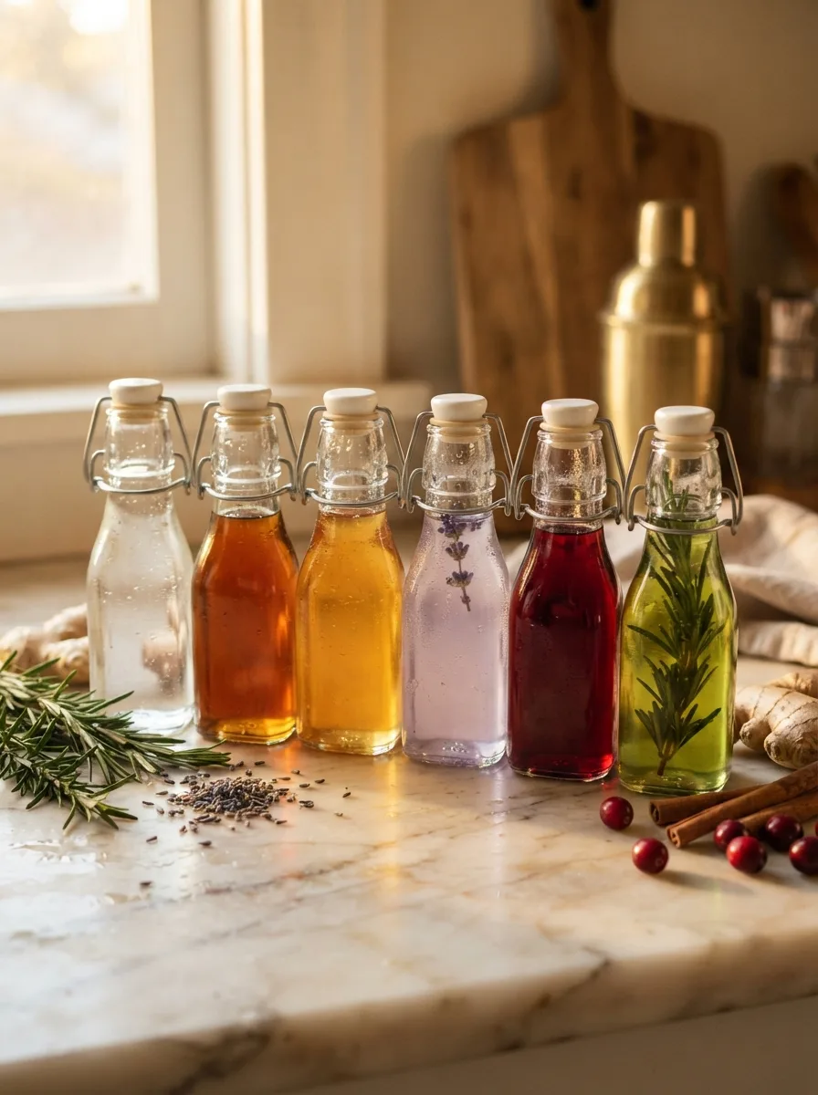 A row of homemade cocktail syrups in glass bottles: clear simple syrup, amber demerara, golden honey, pink lavender, ruby grenadine, and herb-infused rosemary.