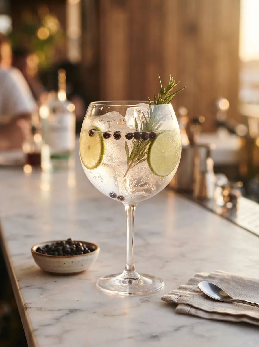 A gin and tonic in a large balloon glass with lime wheels, juniper berries, and rosemary.