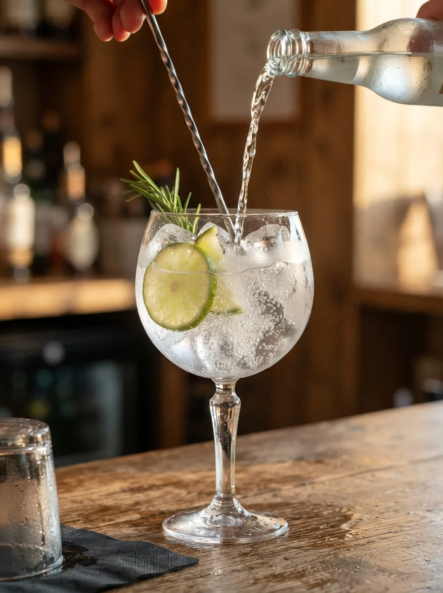 Tonic water being poured down a bar spoon into a glass of ice.
