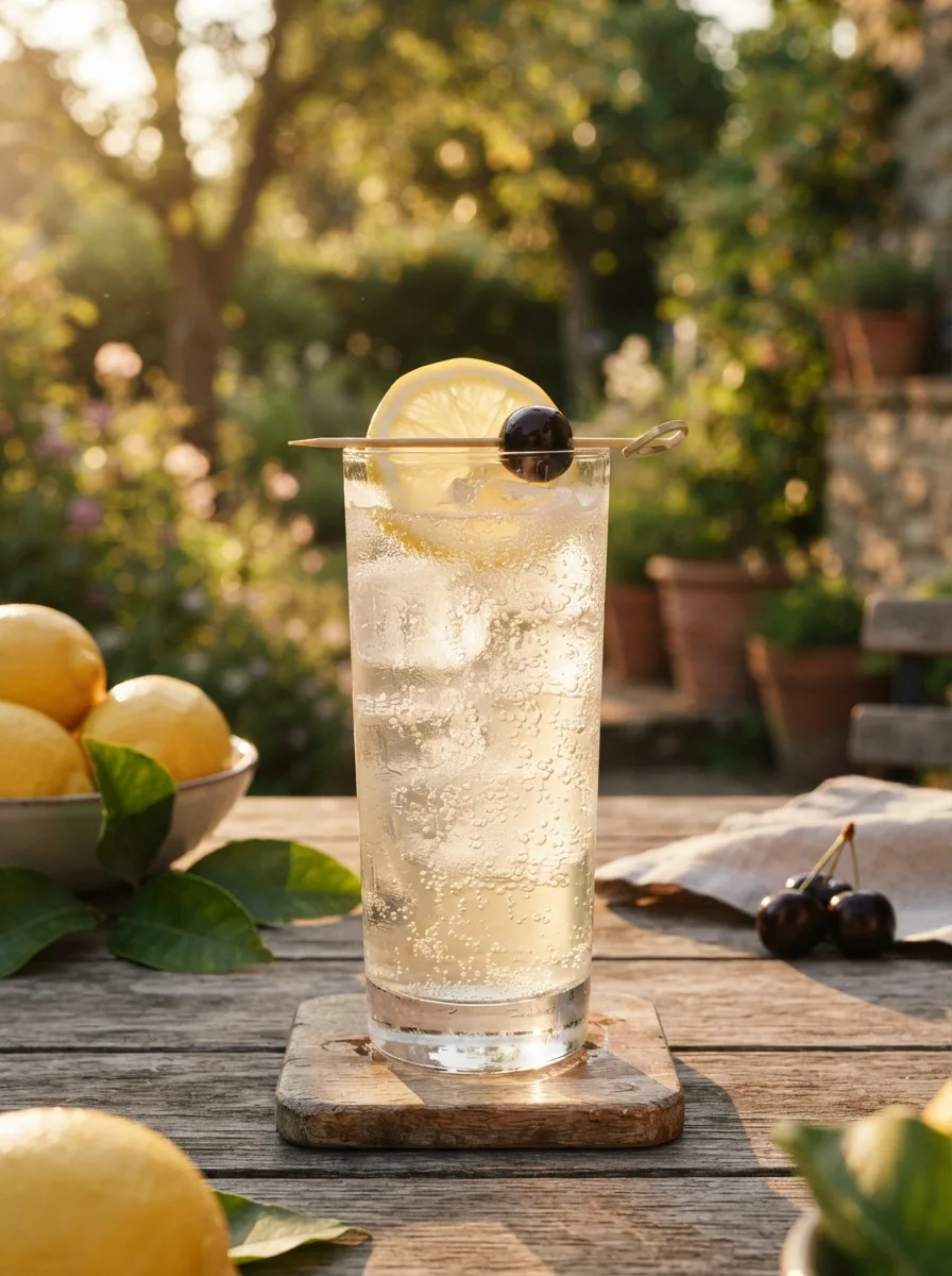A tall Tom Collins with a lemon wheel and cherry in a collins glass.