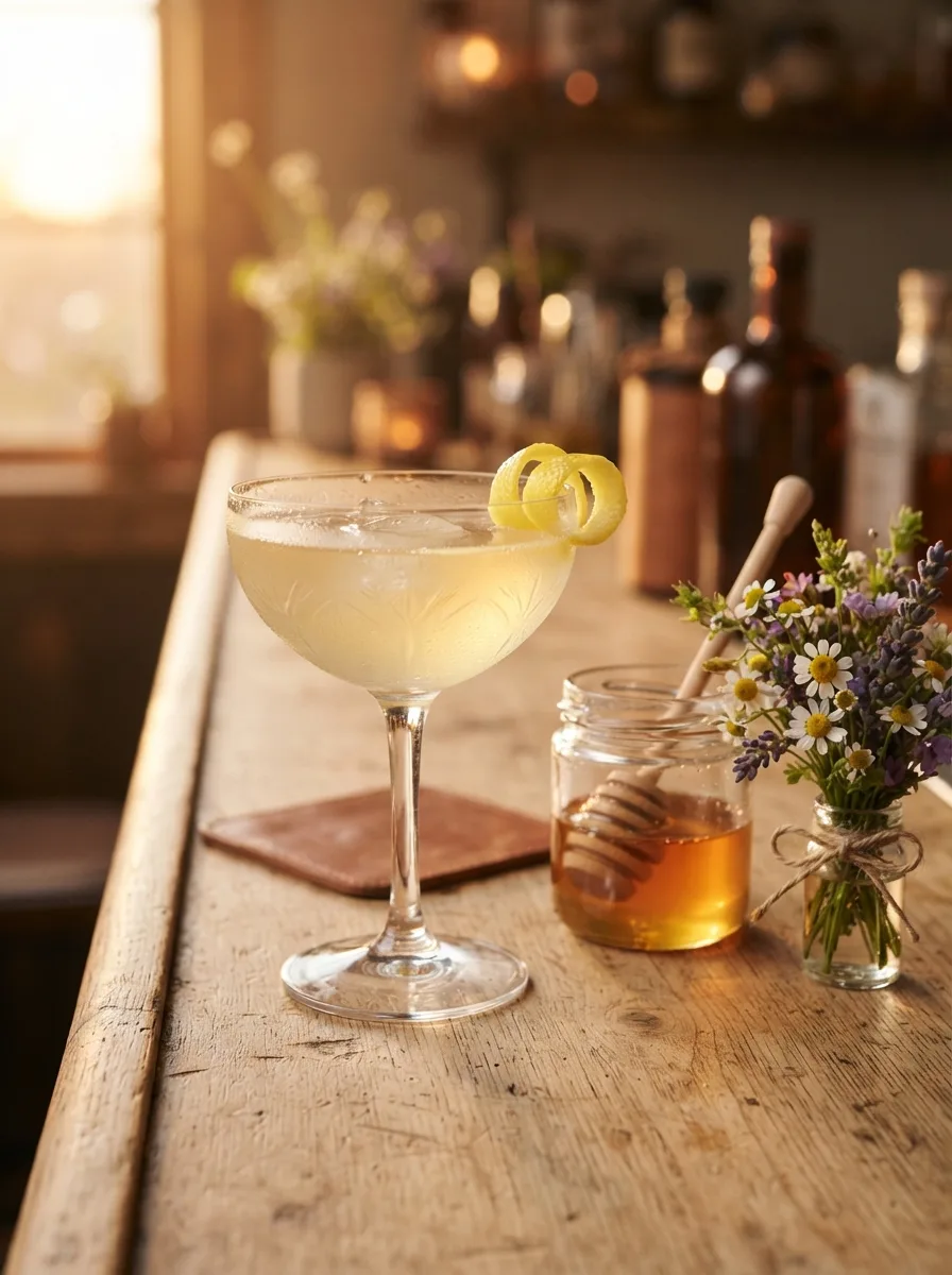 A Bee's Knees in a coupe with a lemon twist next to a honey jar.