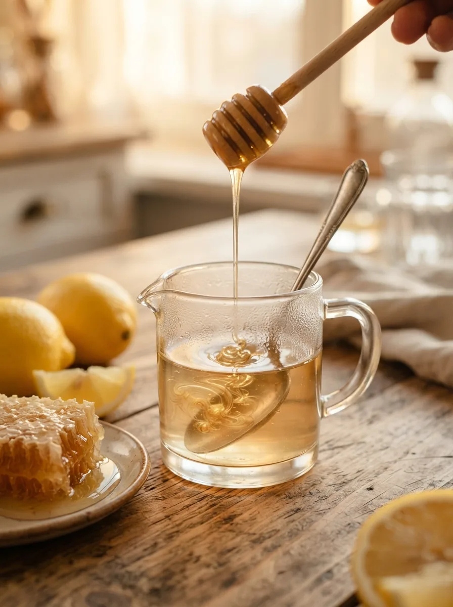 Honey being stirred into warm water to make honey syrup.