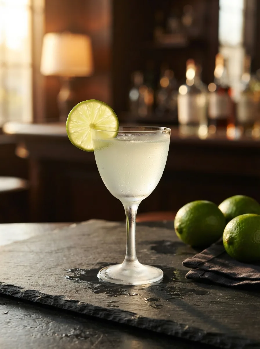 A pale green gimlet in a Nick and Nora glass with a lime wheel.