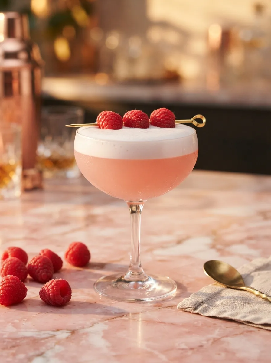 A frothy pink Clover Club in a coupe with three raspberries on a pick.