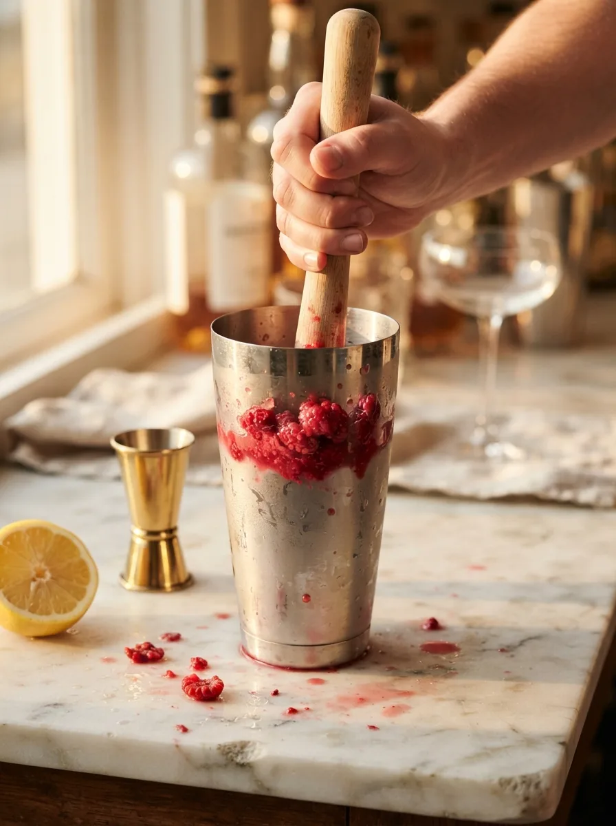 Raspberries being muddled in a shaker tin with a jigger nearby.