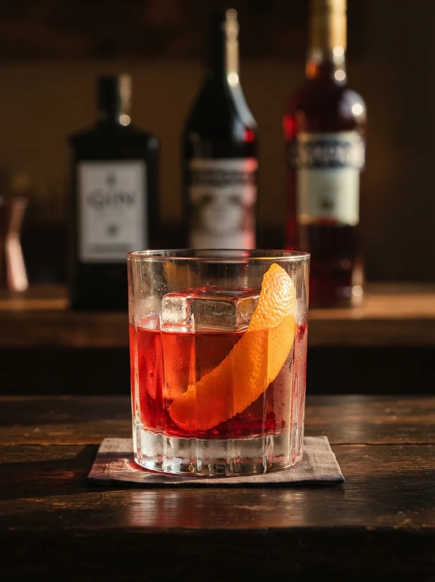 A ruby Negroni over a large ice cube with an orange peel.