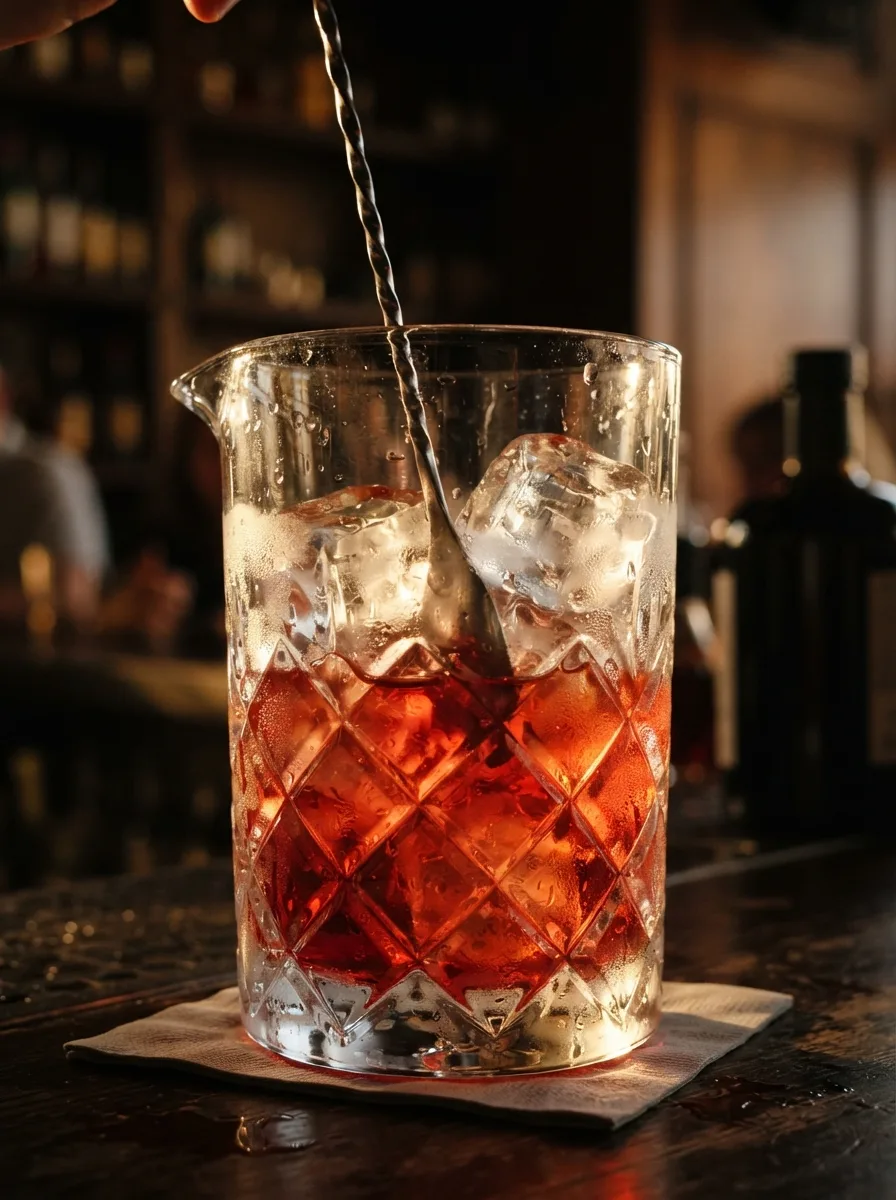 A Negroni being stirred in a mixing glass with a bar spoon.