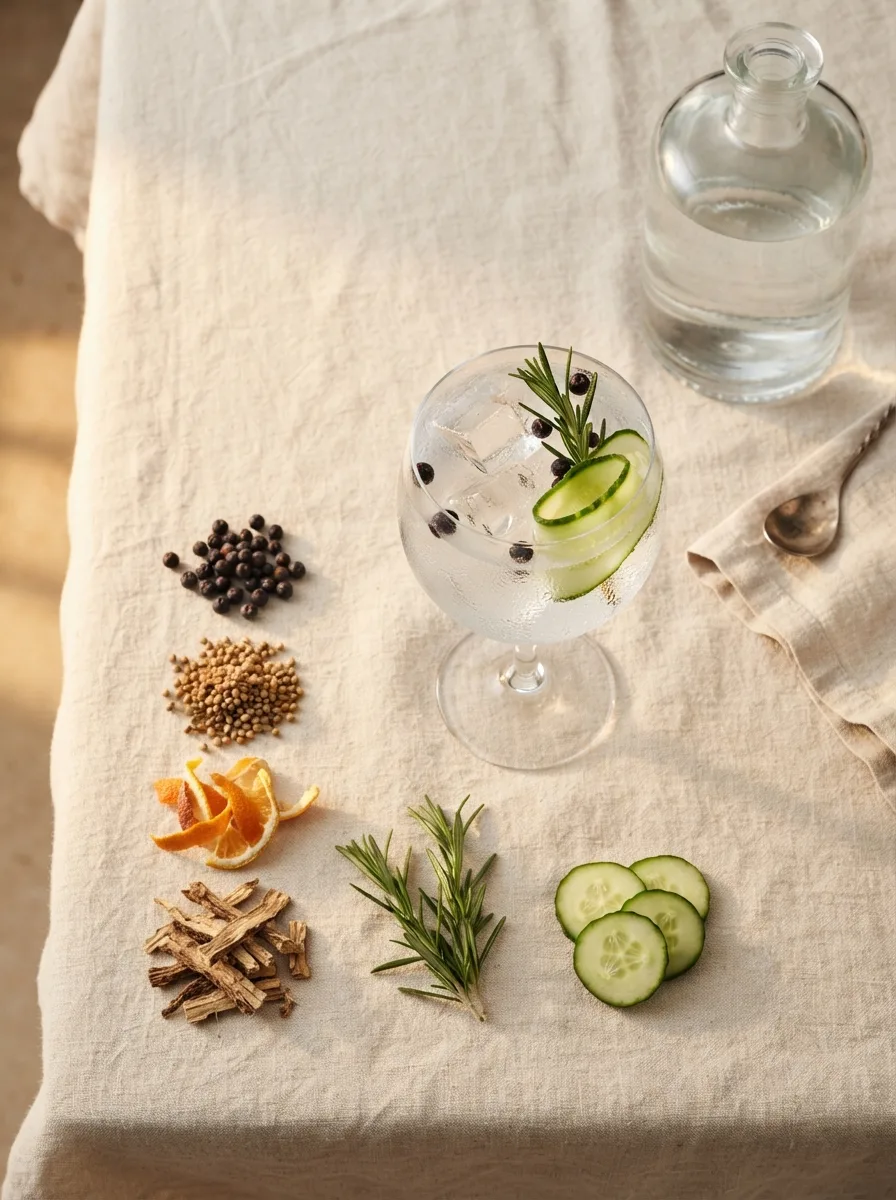 Gin botanicals laid out: juniper berries, coriander, citrus peel, and herbs.