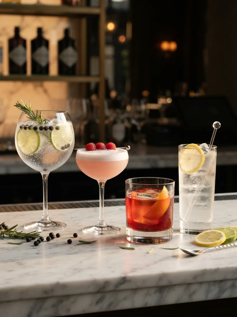 All six gin cocktails arranged on a marble bar.