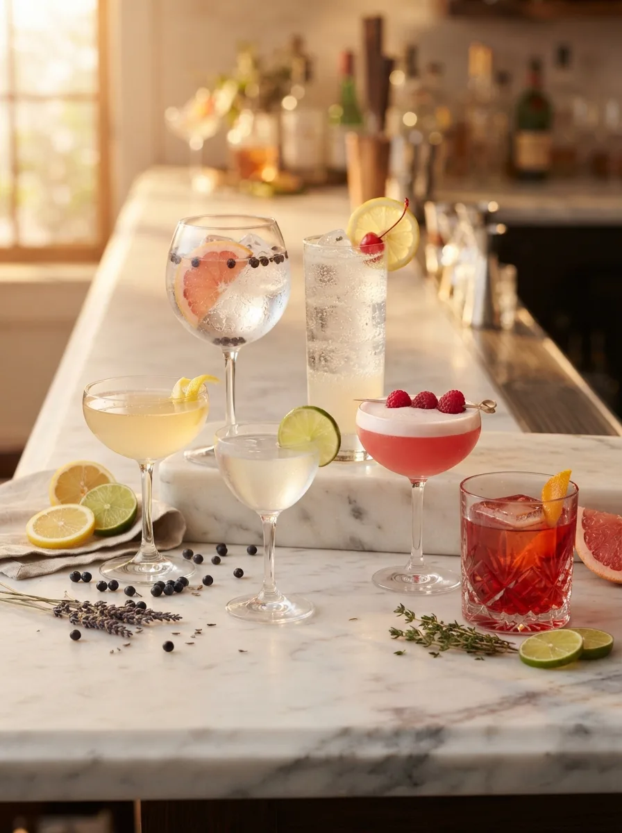 Gin cocktails on a marble bar: a gin and tonic in a balloon glass with juniper and lime, a pink Clover Club in a coupe, a ruby Negroni, and a tall Tom Collins.