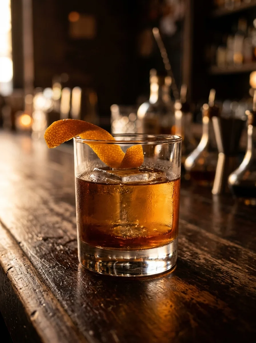A classic bourbon old fashioned with a large ice cube and orange peel on a dark bar.
