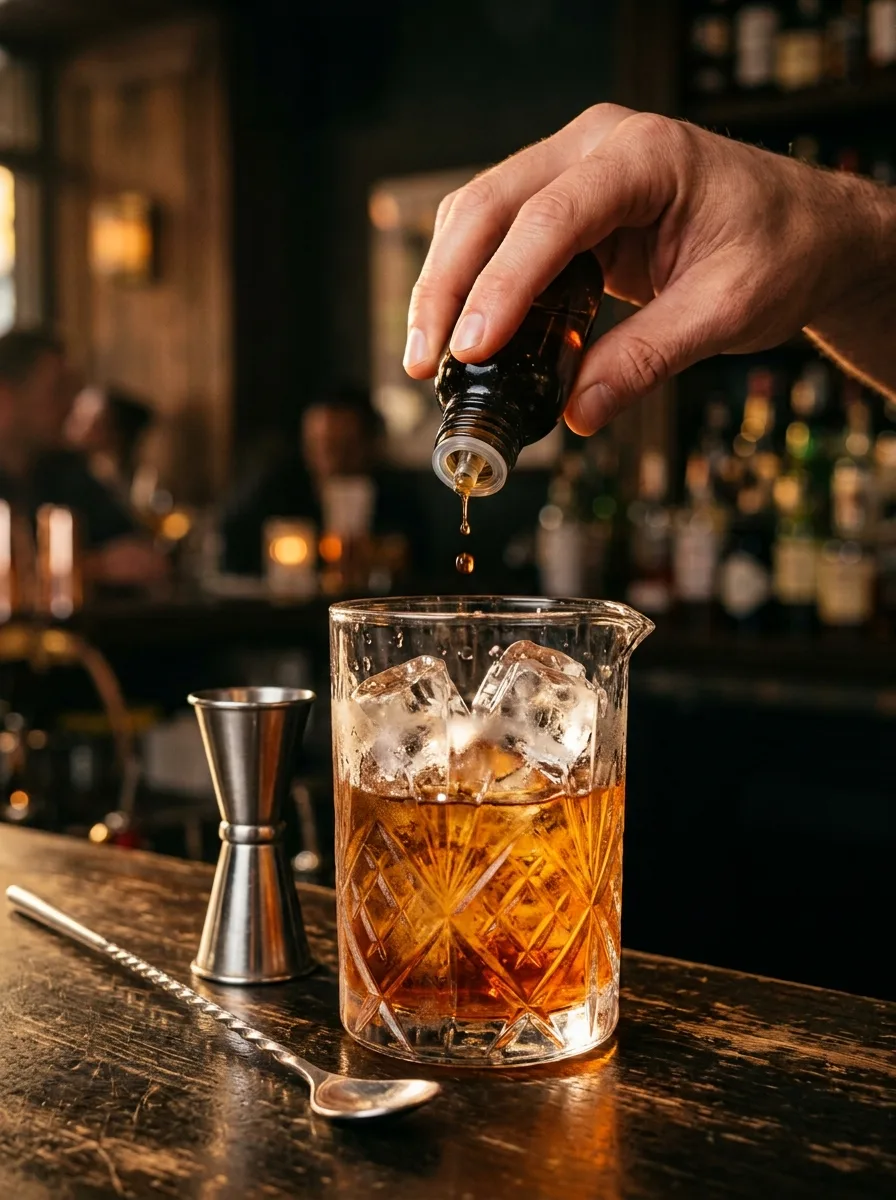 Aromatic bitters being dashed into a mixing glass with whiskey.