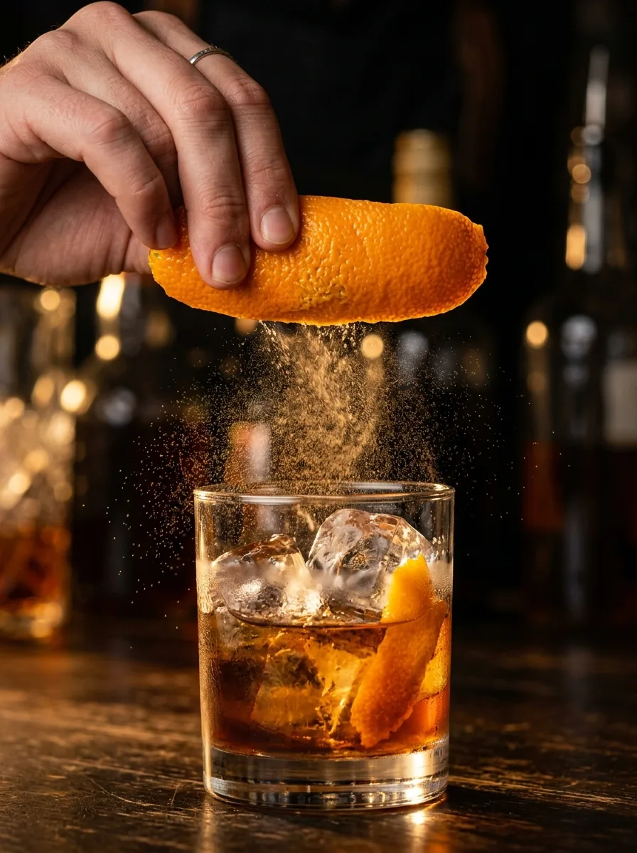 A wide orange peel being squeezed over an old fashioned to express its oils.