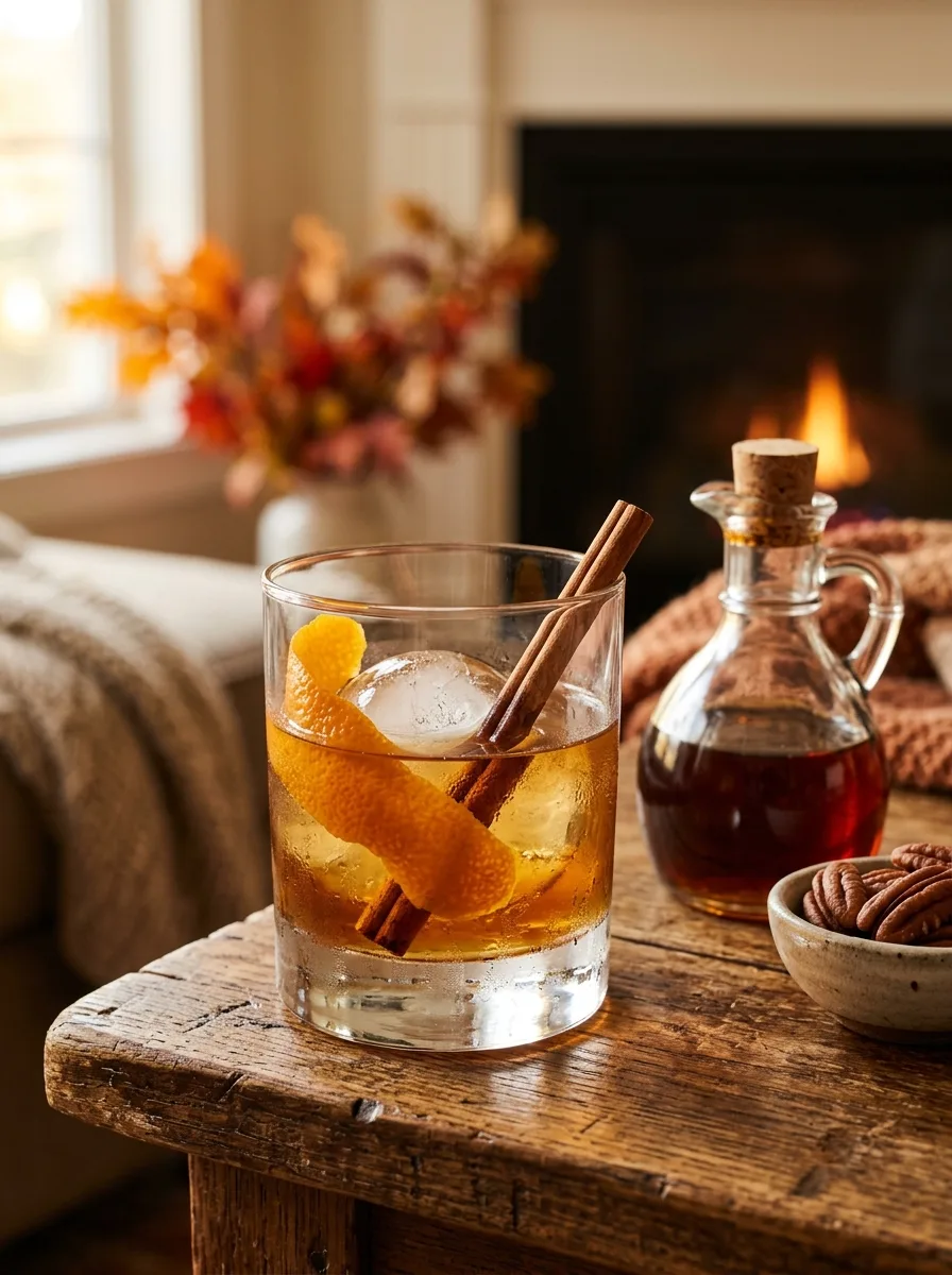 A maple old fashioned with a cinnamon stick and an orange peel next to a jug of maple syrup.