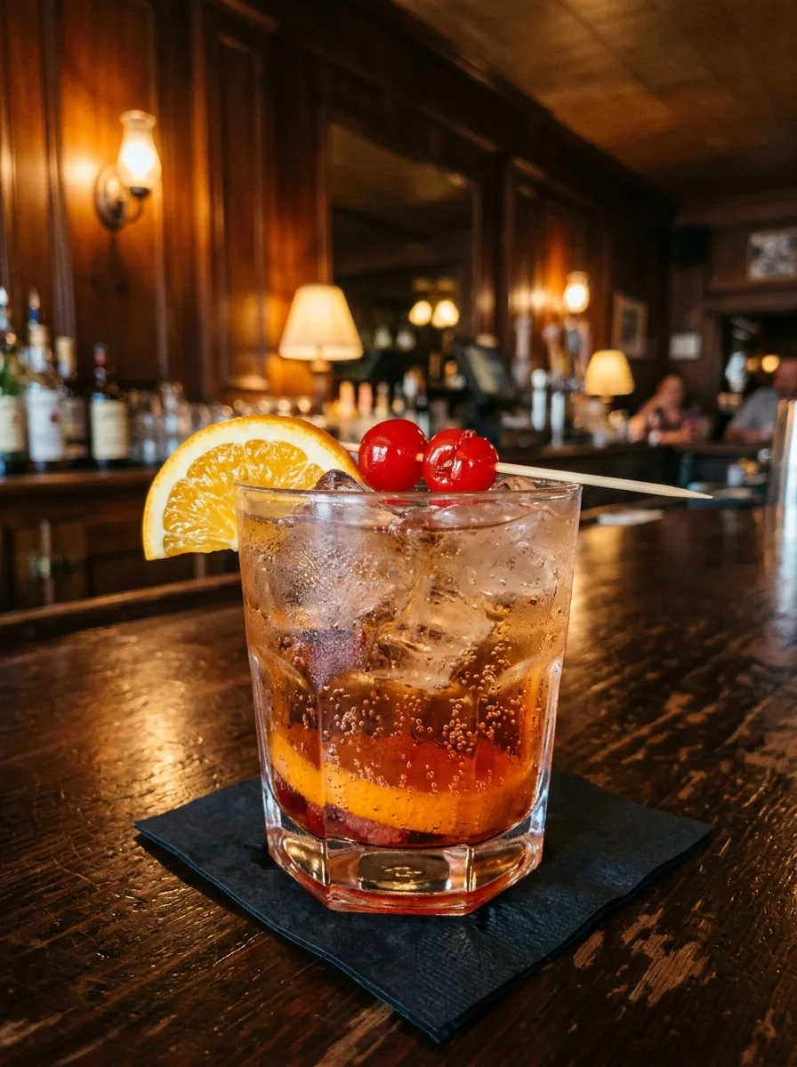 A Wisconsin brandy old fashioned sweet with muddled orange, cherries, and a soda top.