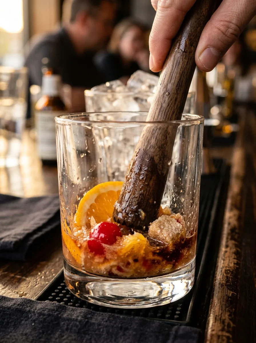 An orange slice, cherry, and sugar cube being muddled in the bottom of a rocks glass.