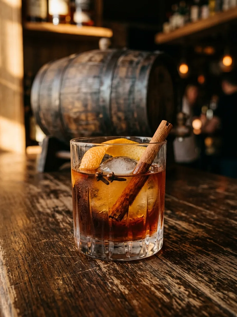 A dark rum old fashioned in a rocks glass with an orange peel and a cinnamon stick.
