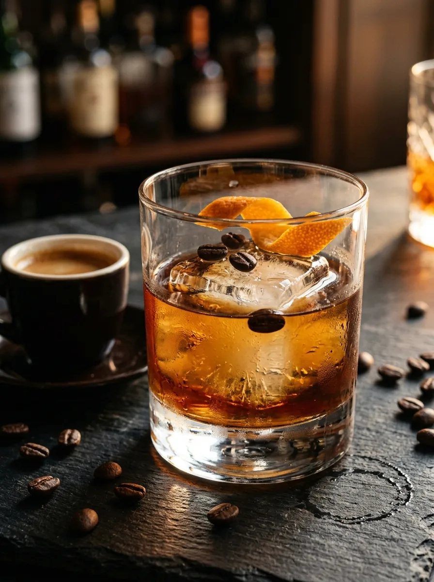 A coffee old fashioned with three coffee beans and an orange peel.