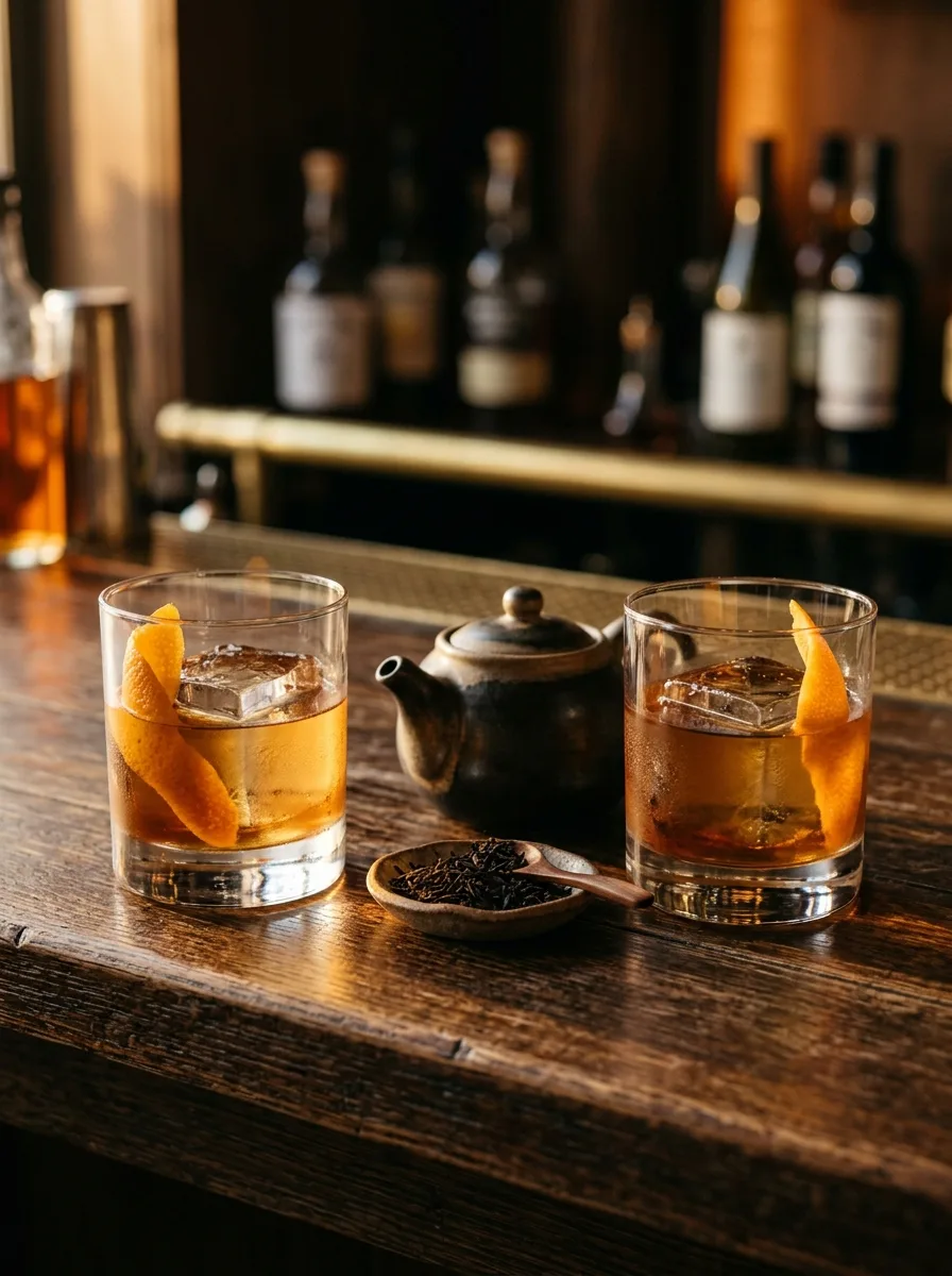A zero-proof old fashioned made with smoky tea next to its whiskey twin.