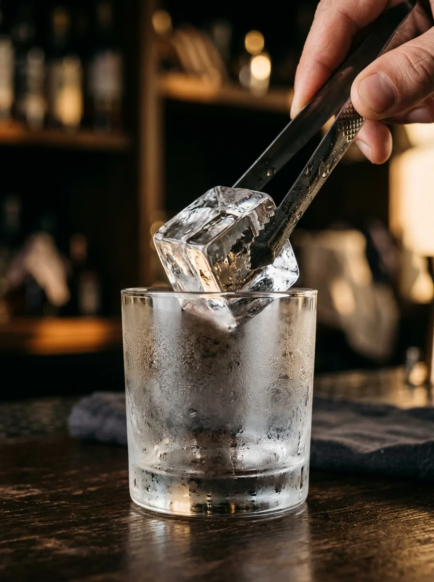 A large clear ice cube being placed into a rocks glass with tongs.
