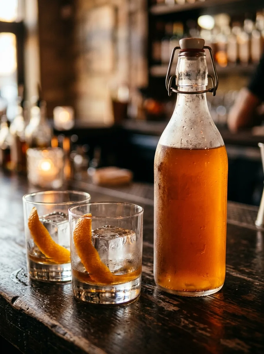 A glass bottle of batched old fashioneds in a freezer door, next to rocks glasses.