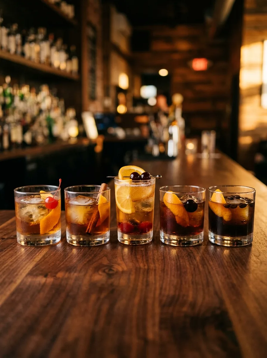 All five old fashioned variations lined up on a wooden bar.
