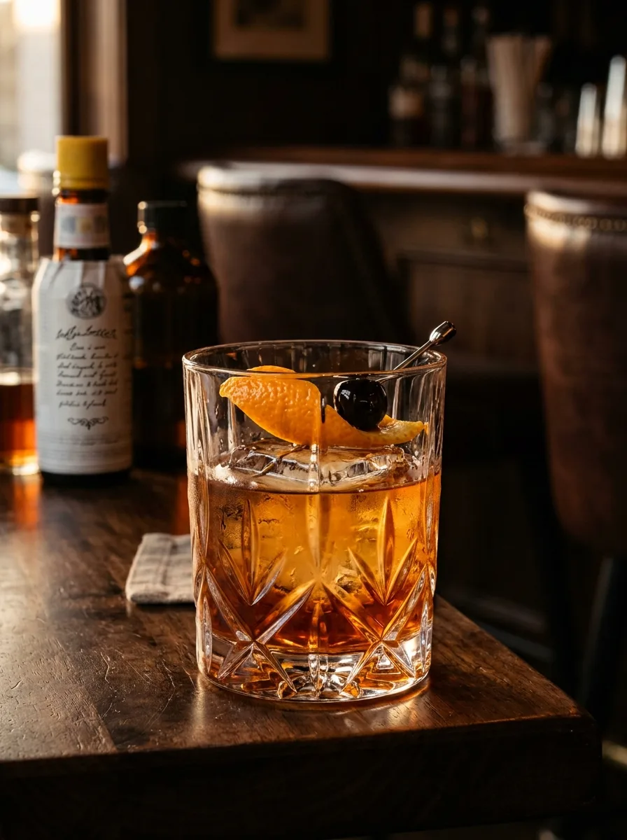 A classic old fashioned in a heavy rocks glass over a large clear ice cube with an orange peel and a dark cherry, on a leather-and-wood bar.