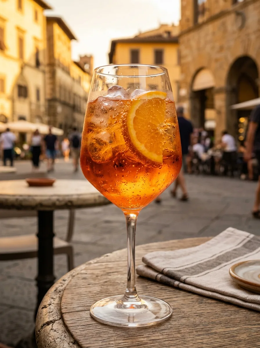 An Aperol spritz in a large wine glass with ice and an orange slice.