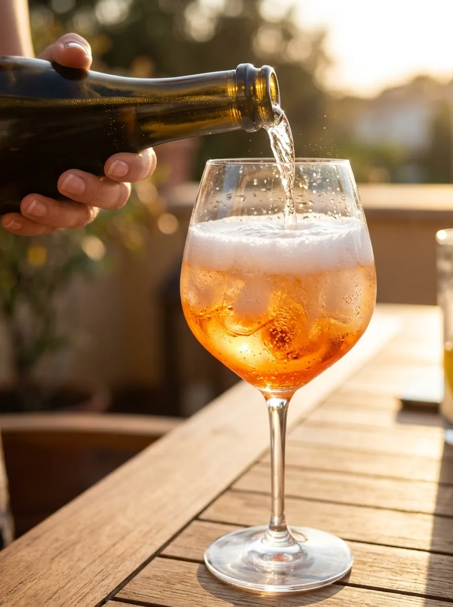 Prosecco being poured into a wine glass of ice and orange aperitivo.