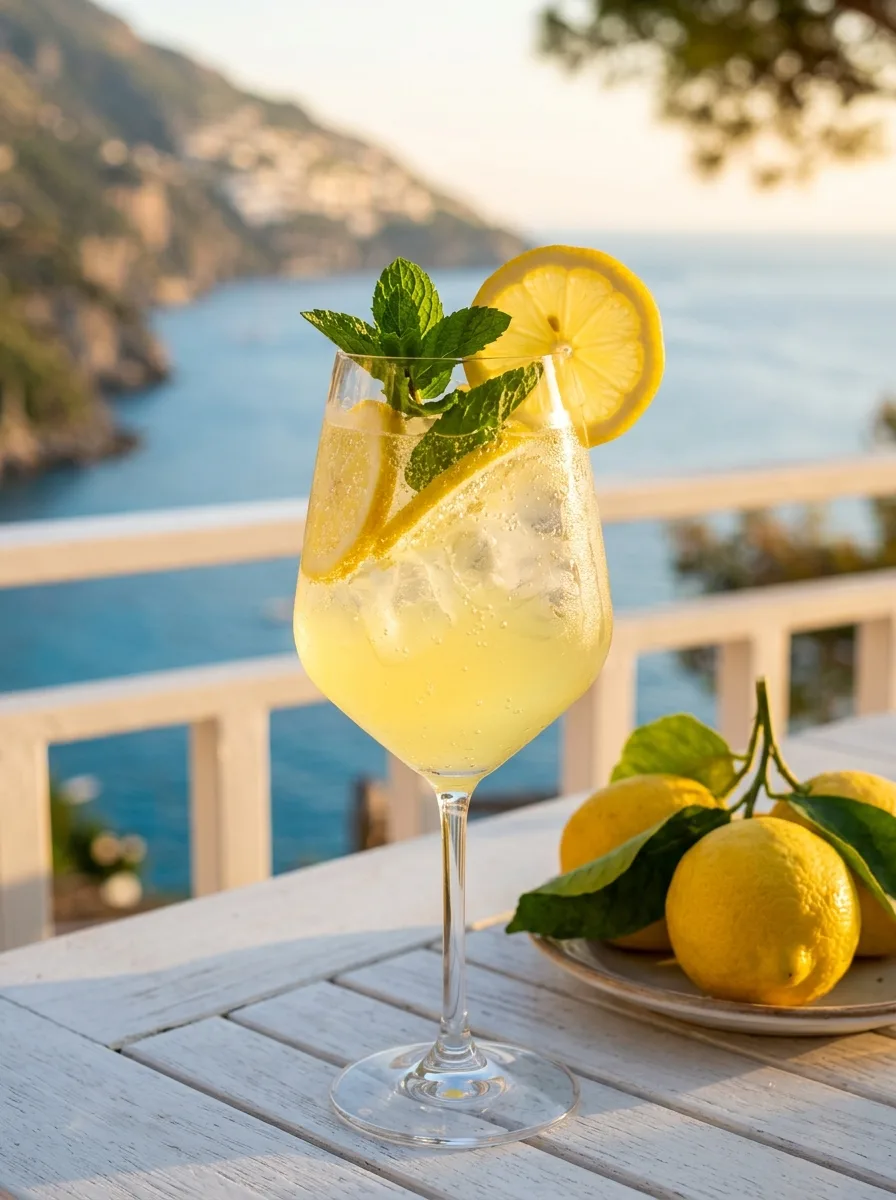 A pale yellow limoncello spritz with mint and lemon slices.