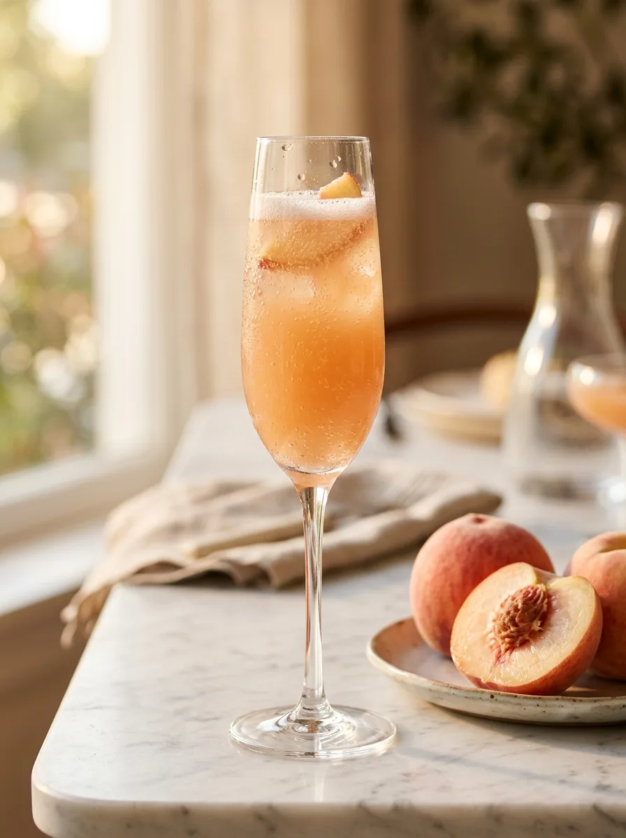 A peach Bellini in a flute next to ripe white peaches.