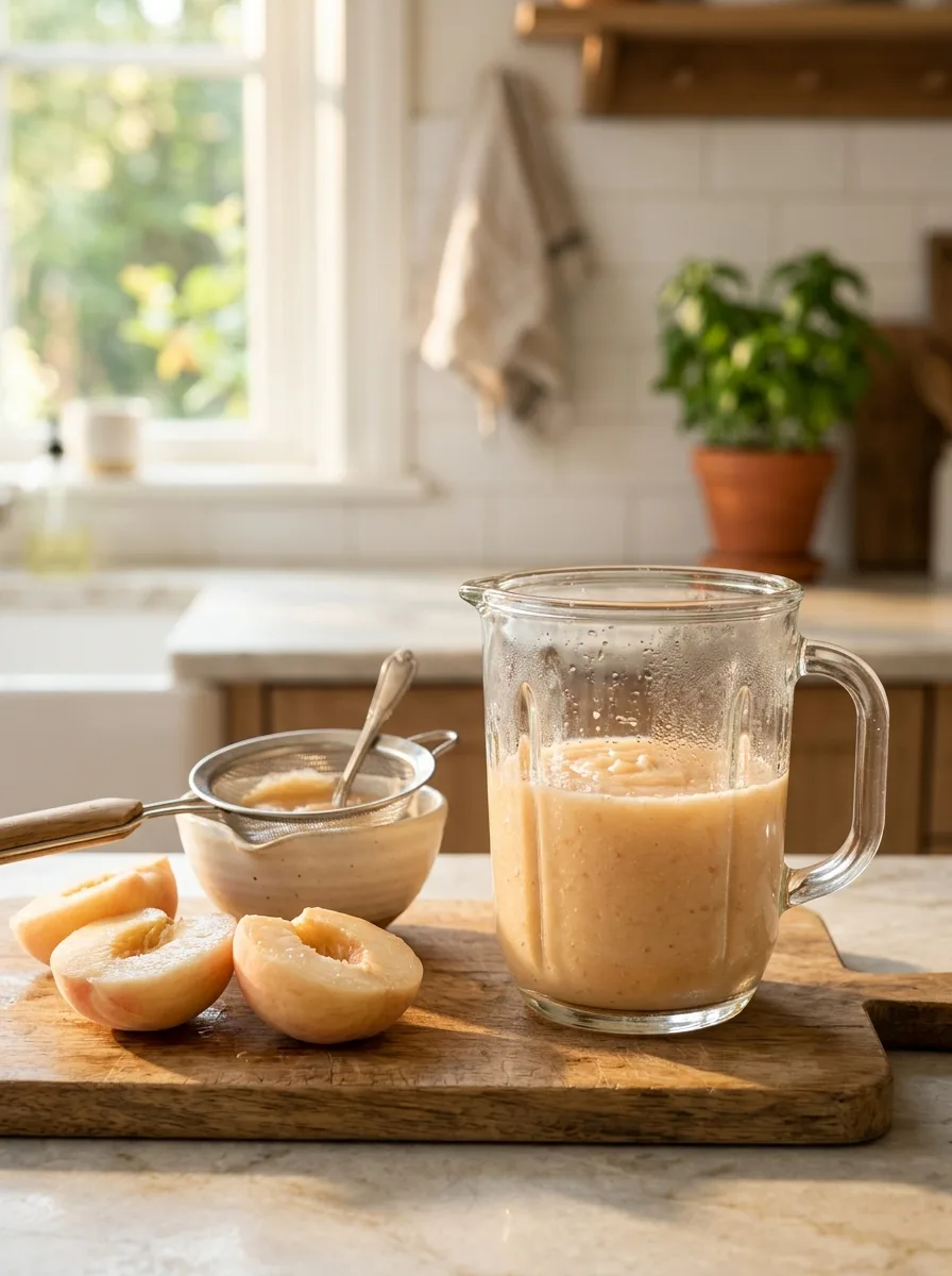 Peeled white peaches being puréed in a small blender.