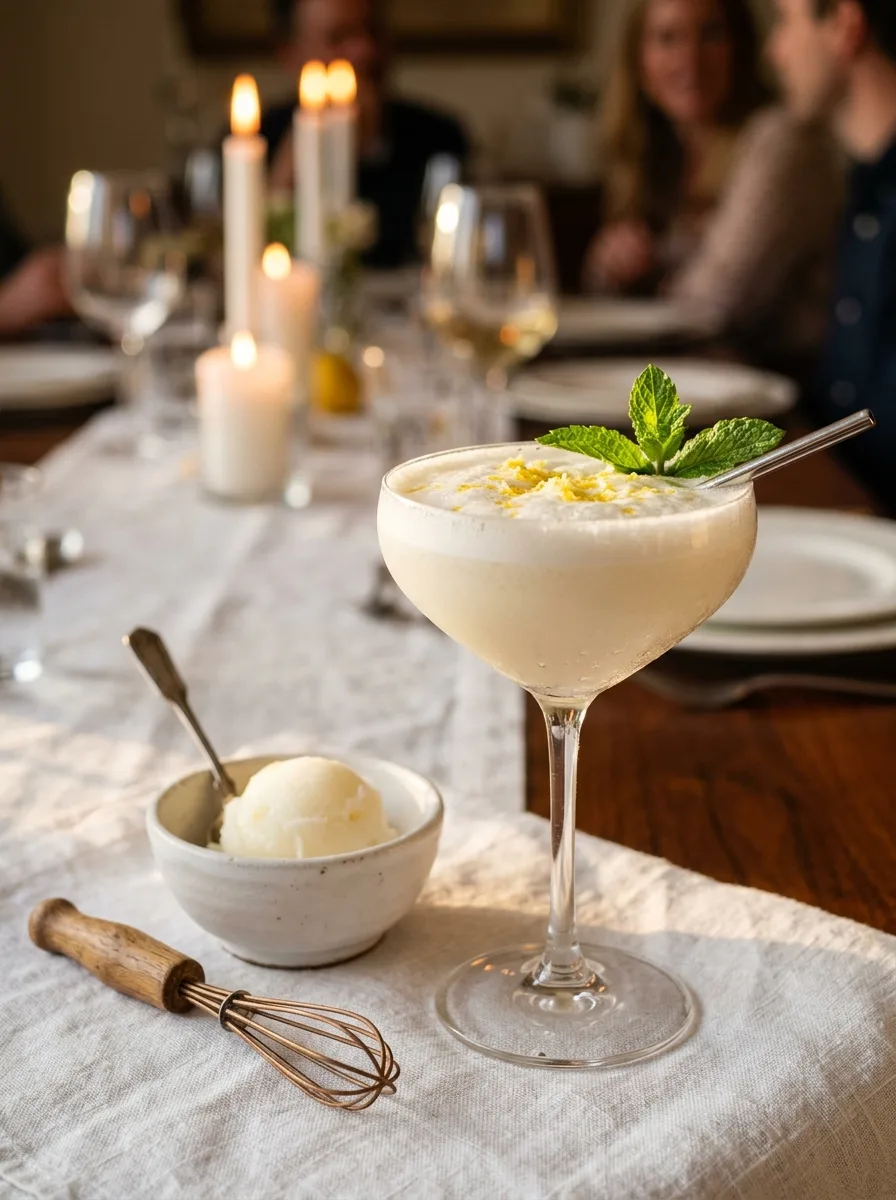 A frothy Sgroppino in a coupe with lemon zest on top.