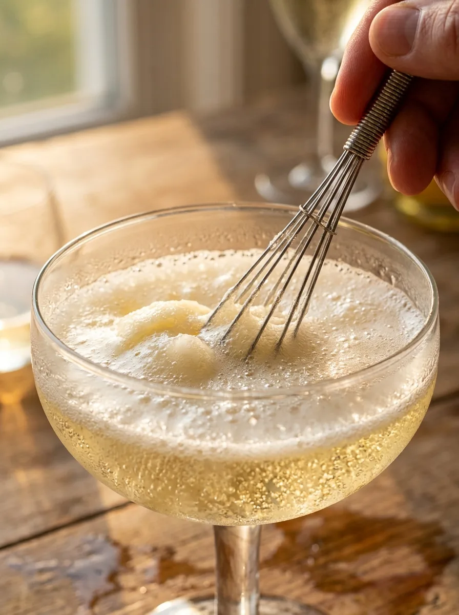 Lemon sorbet being whisked with prosecco in a chilled bowl.