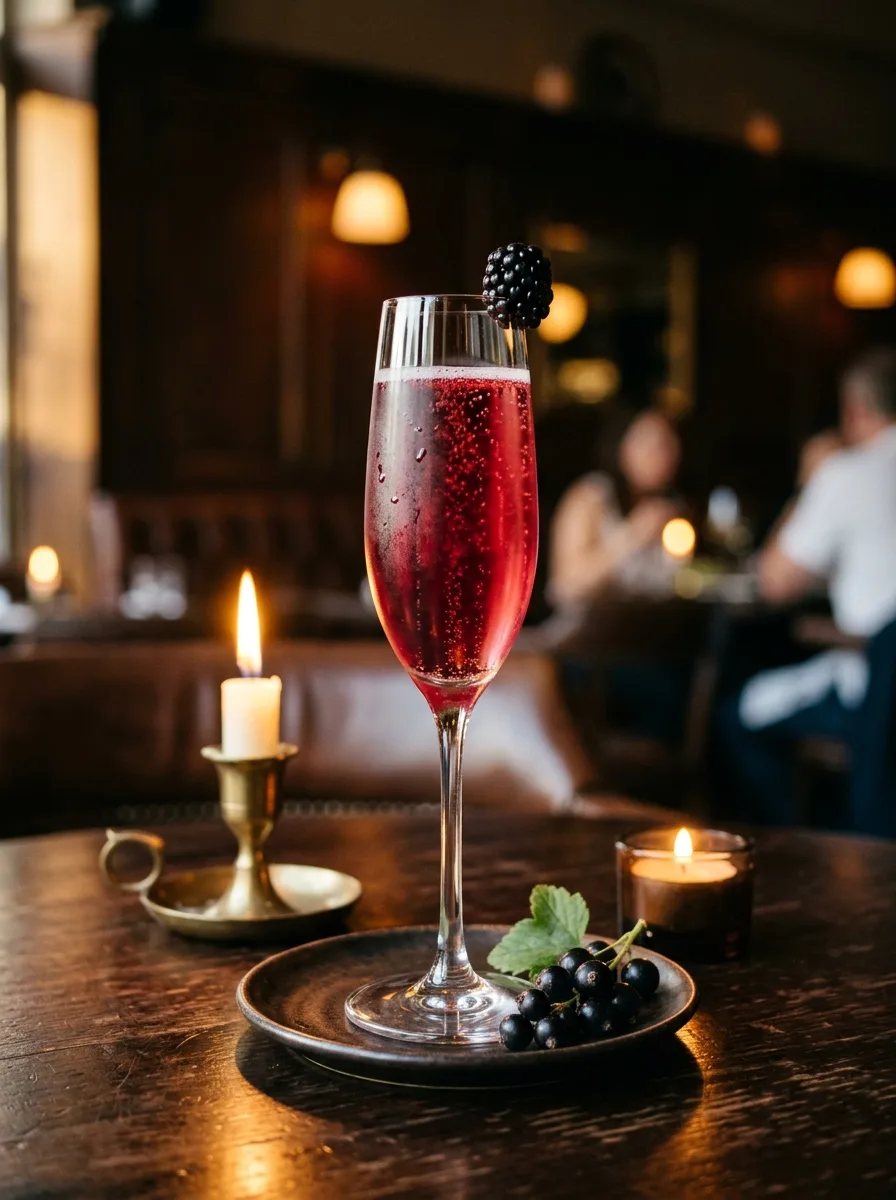 A ruby Kir Royale in a flute with a blackberry on the rim.