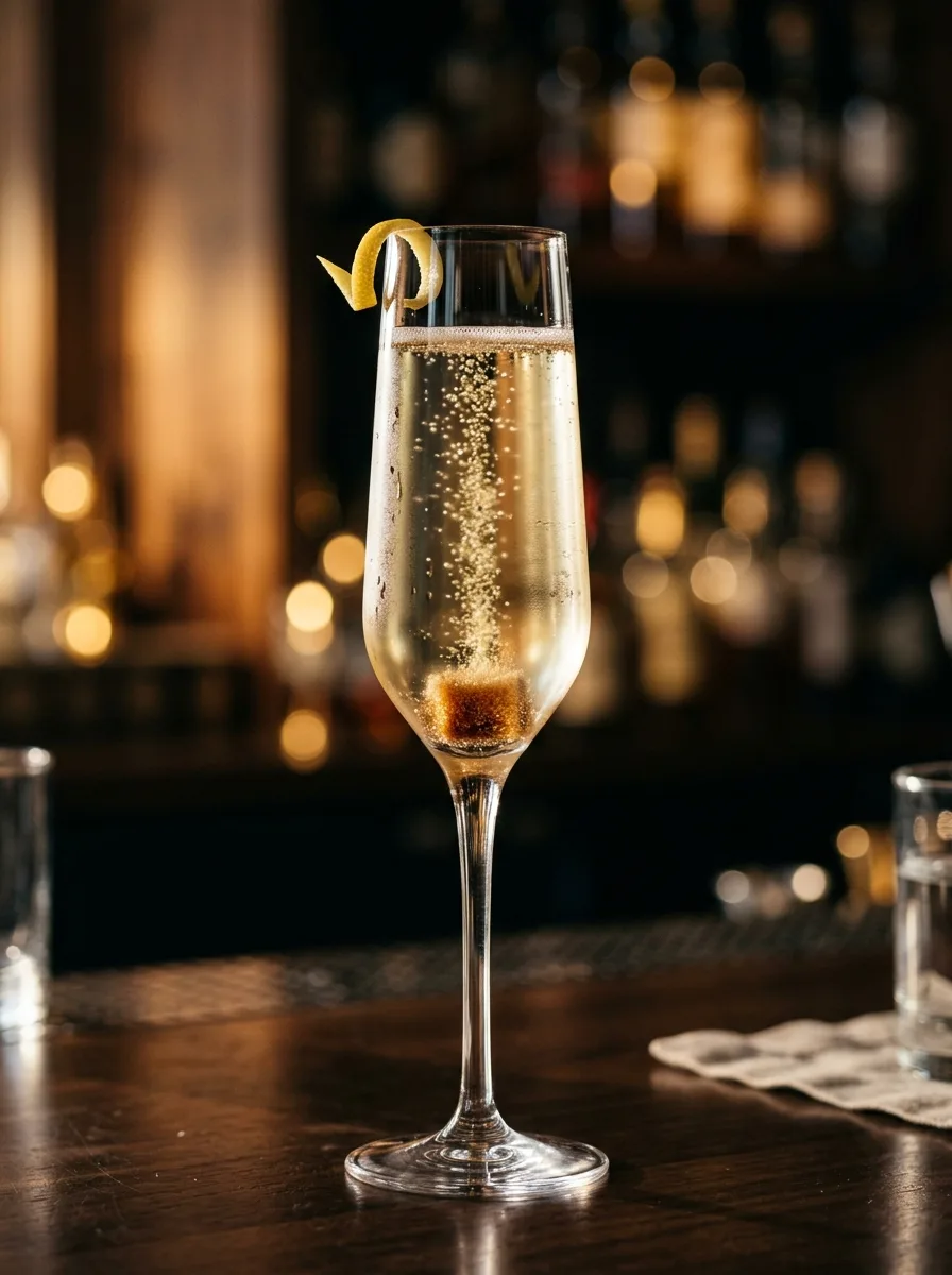 The classic champagne cocktail with a bitters-soaked sugar cube fizzing at the bottom of the flute.