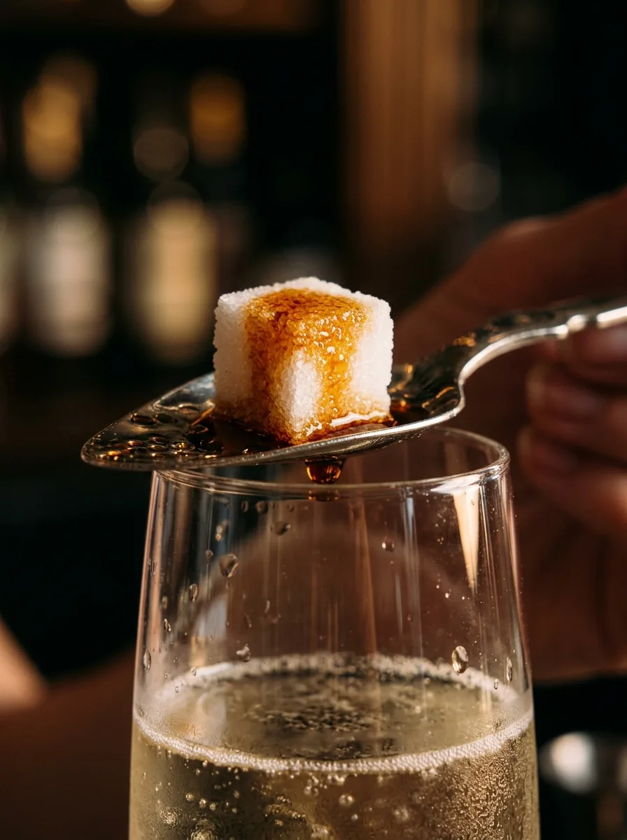 Aromatic bitters being dashed onto a sugar cube on a spoon.